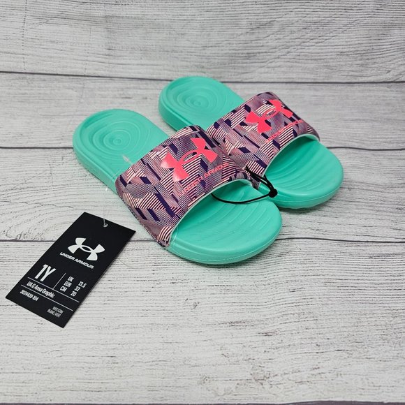 UNDER ARMOUR GIRLS ANSA PRINT SPORT SLIDES KIDS SIZE 1 - Picture 2 of 10